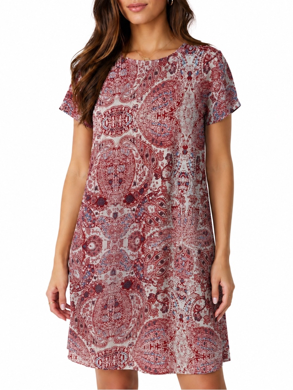 Adrienne Vittadini Red & Blue Paisley Exposed Zipper Shift Dress Summer Vacation